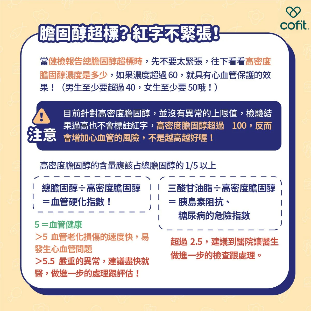 好膽固醇HDL與壞膽固醇LDL的差異示意圖，解釋總膽固醇、血管硬化指數與三酸甘油脂的判讀方式，並強調血脂需搭配風險因子綜合評估，HDL過高也可能增加心血管風險，須以整體血脂結構判斷健康狀況。