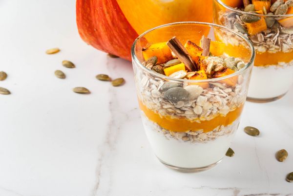 Spicy pumpkin pie overnight oatmeal with cinnamon