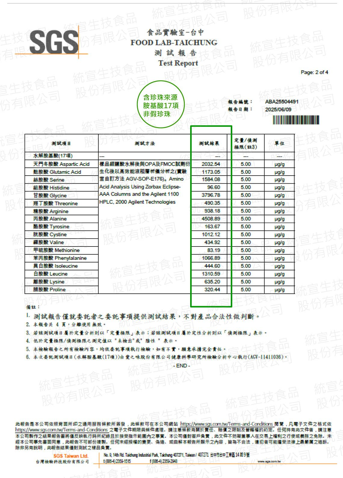 美之選珍珠粉原料檢驗報告＿水解胺基酸