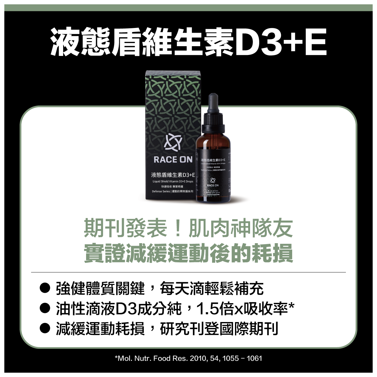 《液態盾維生素D3+E》
國際期刊發表！實證減緩運動後耗損