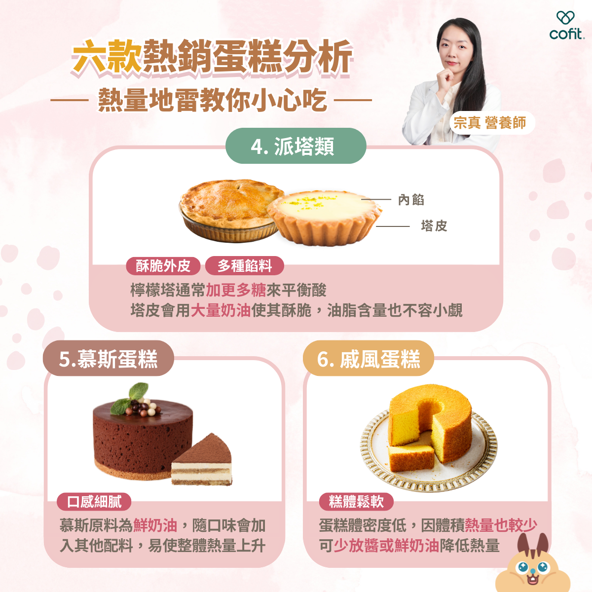 派塔類  主要成分:塔皮(麵粉、奶油、糖、雞蛋、鹽),內餡(麵粉、糖、奶油、水果、巧克力)。  營養師解析&補充:水果類常見的是檸檬塔,為了中和酸度,常常需要加不少糖分輔助調整口味。你以為只有糖分高而已嗎?其實製作塔皮也需要大量的奶油烘烤出來口感才會紮實又酥脆呢,這樣下檸檬塔的油脂含量也是不容小覷。  慕斯蛋糕  主要成分:慕斯(不含麵粉、雞蛋、糖、鮮奶油與明膠混合打發),成分相對單純天然。  營養師解析&補充:因應不同口味的製作,配料中會加入其他的鮮奶油、巧克力、果醬。由於本體原料成分是鮮奶油,因此也需要留意飽和脂肪的量,尤其加入巧克力也會提高整體脂肪比例,造成整體熱量上升。  戚風蛋糕  主要成分:麵粉、雞蛋、鮮奶、糖、植物油/奶油;原料較單純,可使用植物油取代奶油,降低飽和脂肪。  營養師解析&補充:戚風蛋糕蛋糕體密度低,跟其他同樣體積的蛋糕相比熱量也較低。可以避免額外添加淋醬或是減少使用鮮奶油點綴,減少多餘熱量攝取。