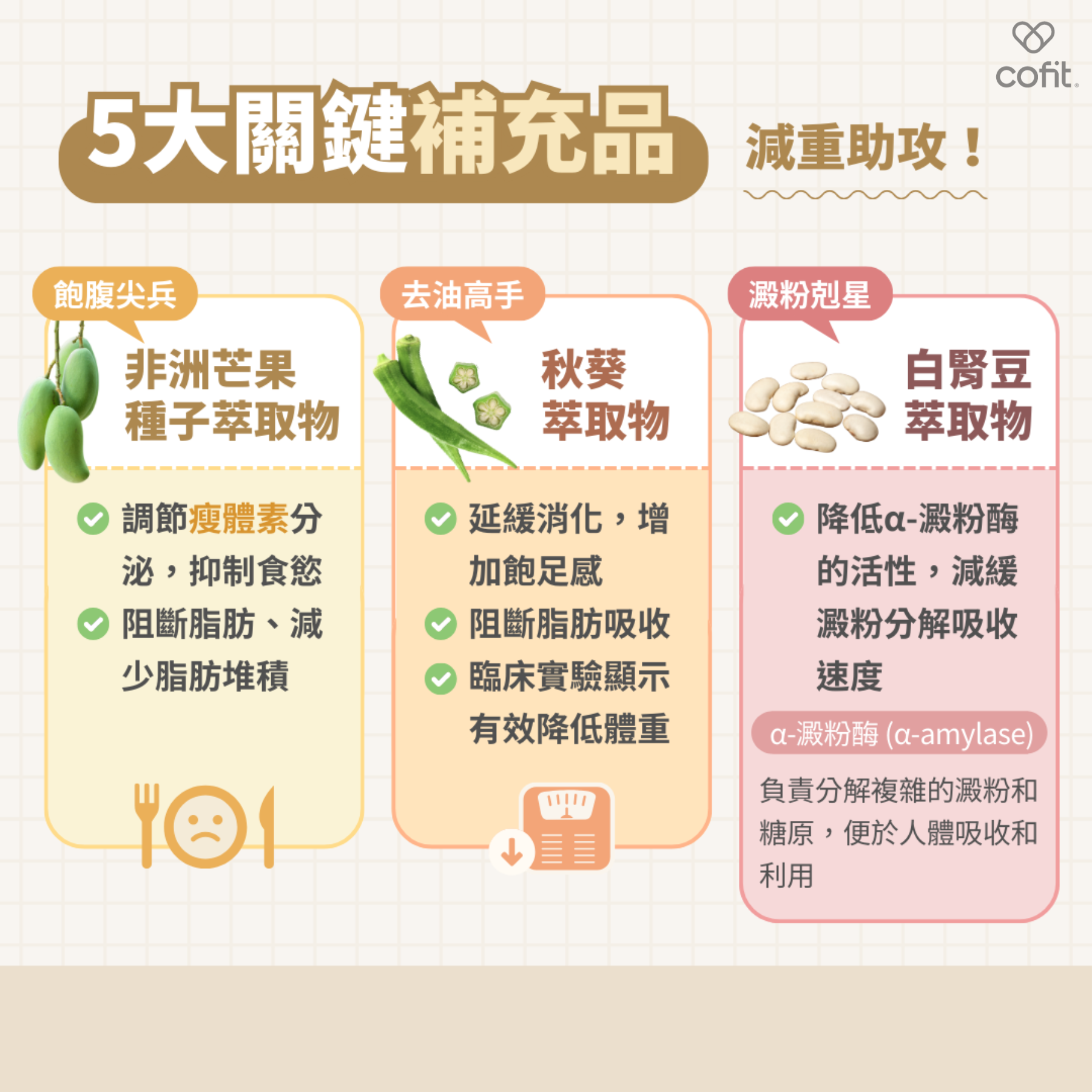 飢餓救星補充品：調節食慾好幫手！  飢餓是減重的天敵，當感到飢餓時，就更容易吃零食或暴飲暴食，導致熱量攝取超標，可以在減重時使用具有抑制食慾、阻斷吸收功效的補充品，幫助減少不必要的熱量攝取。  1. 非洲芒果種子萃取物  非洲芒果是非洲特有的植物，當地人會將非洲芒果的種子磨碎，與蔬菜、肉類一起熬湯，可增加飽足感且不容易感到飢餓，這也是因為非洲芒果種子萃取物可以調節體內的食慾荷爾蒙「瘦體素」分泌，來達到抑制食慾的效果；另外，非洲芒果種子萃取物可以阻斷脂肪細胞囤積過多油脂，減少脂肪細胞堆積。  2. 秋葵萃取物  天然食物秋葵含有豐富的水溶性膳食纖維，可以延緩胃腸道消化，增加飽足感，而在過去研究中發現秋葵萃取物擁有很好的瘦身效果，秋葵萃取物在胃裡會跟食物中的脂肪結合，阻斷脂肪吸收，從臨床人體實驗上也可以看到秋葵萃取物有效降低體重，是油炸愛好者的救星。  3. 白腎豆萃取物  白腎豆是菜豆的一種，外型長得像腎臟的白色豆子，白腎豆中含有天然的澱粉酶抑制劑，可以降低人體內α-澱粉酶的活性，讓體內澱粉分解吸收的速度減緩，因此對澱粉愛好者而言，白腎豆是很好的選擇，能阻斷澱粉吸收，減少熱量攝取。