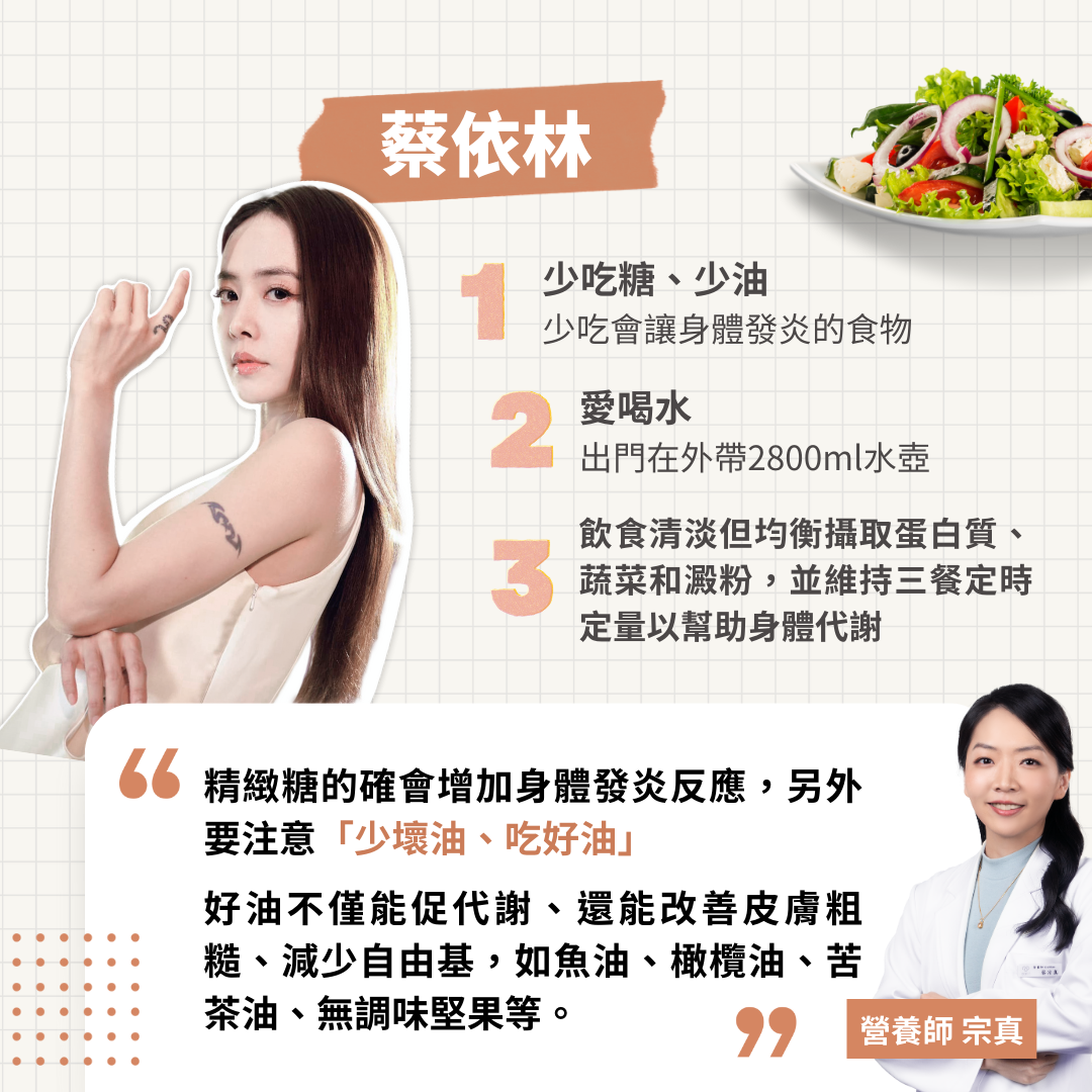 蔡依林的控糖飲食法：多喝水、少吃精緻糖  少吃糖、少油、少吃會讓身體發炎的食物  愛喝水，出門在外帶2800ml水壺  飲食清淡但均衡攝取蛋白質、蔬菜和澱粉，並維持三餐定時定量以幫助身體代謝  營養師筆記：   精緻糖的確會增加身體發炎反應，另外要注意「少壞油、吃好油」。好油不僅能促代謝、還能改善皮膚粗糙、減少自由基，如魚油、橄欖油、苦茶油、無調味堅果等。