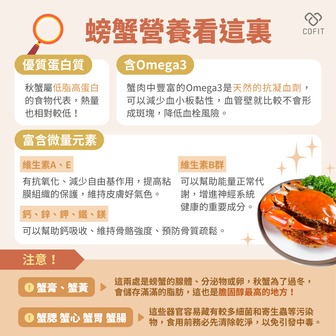 螃蟹的營養價值：  優質蛋白質  螃蟹屬於低脂高蛋白的代表性食材，熱量相對較低，是秋冬季養生的不錯選擇。  含豐富Omega-3  蟹肉中的Omega-3是一種天然的抗凝血劑，能減少血小板的黏性，降低血栓風險，對心血管健康大有益處。  富含微量元素  鈣、鋅、鉀、鐵、鎂等：有助於促進鈣吸收、維持骨骼強度，預防骨質疏鬆。  維生素A、E：抗氧化、減少自由基傷害，還能提升皮膚健康，讓您氣色更好。  維生素B群：能幫助能量代謝，並增進神經系統的健康。