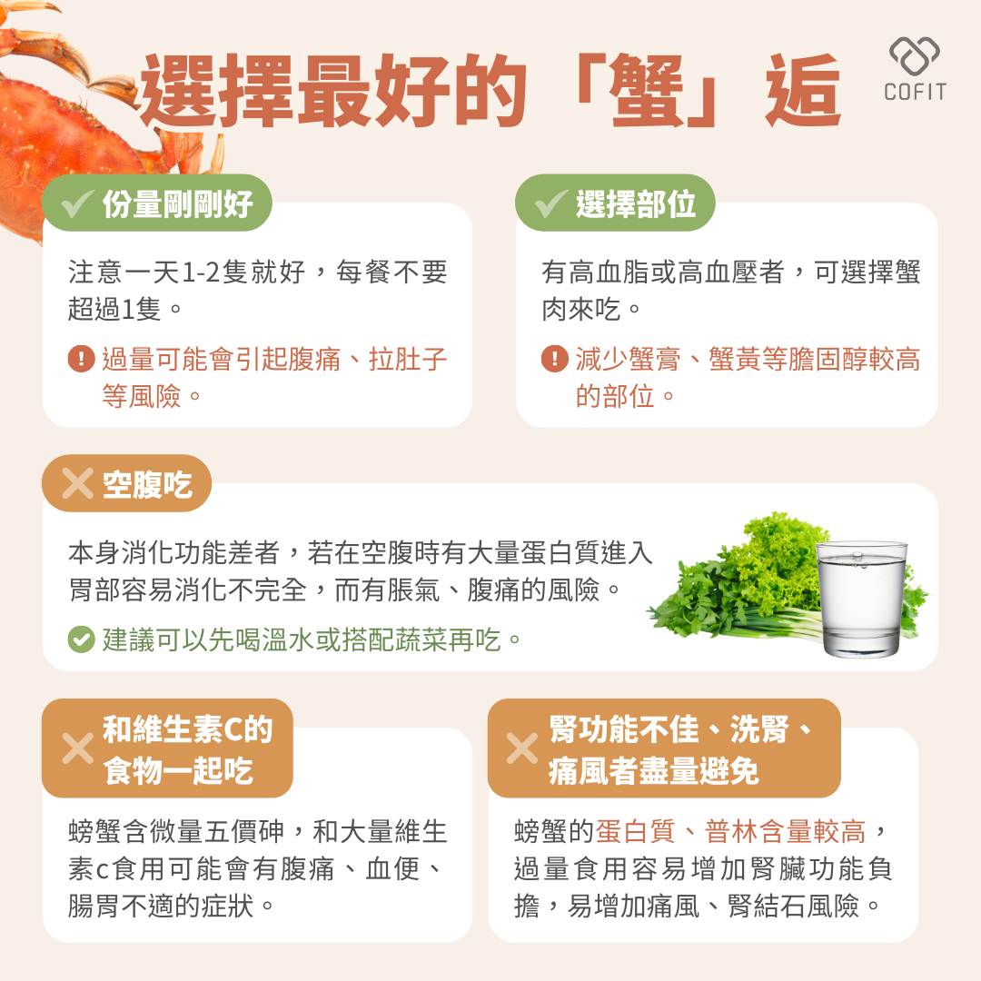 享用螃蟹的注意事項：  即便螃蟹美味無法擋，但在品嚐美食的同時，也要注意一些禁忌，避免對健康造成不良影響。  避免食用蟹的特定部位  蟹膏、蟹黃：這兩處脂肪含量與膽固醇極高，特別是高血脂、高血壓患者應減少食用。  蟹腮、蟹心、蟹胃、蟹腸：容易藏有細菌或寄生蟲，務必清理乾淨後再吃。  適量為宜  每天建議食用1-2隻螃蟹，每餐不超過1隻，避免引發腹痛或腸胃不適。  注意進食時間與方式  避免空腹食用：蛋白質消化不完全可能引發腹脹，建議先喝點溫水或搭配蔬菜一同食用。  避免與維生素C食物同時食用：螃蟹中的微量五價砷與大量維生素C可能產生腸胃不適。  特殊體質者需慎食  腎功能不佳、洗腎、痛風患者應避免食用螃蟹，以免增加腎臟負擔或引發痛風、腎結石等問題。