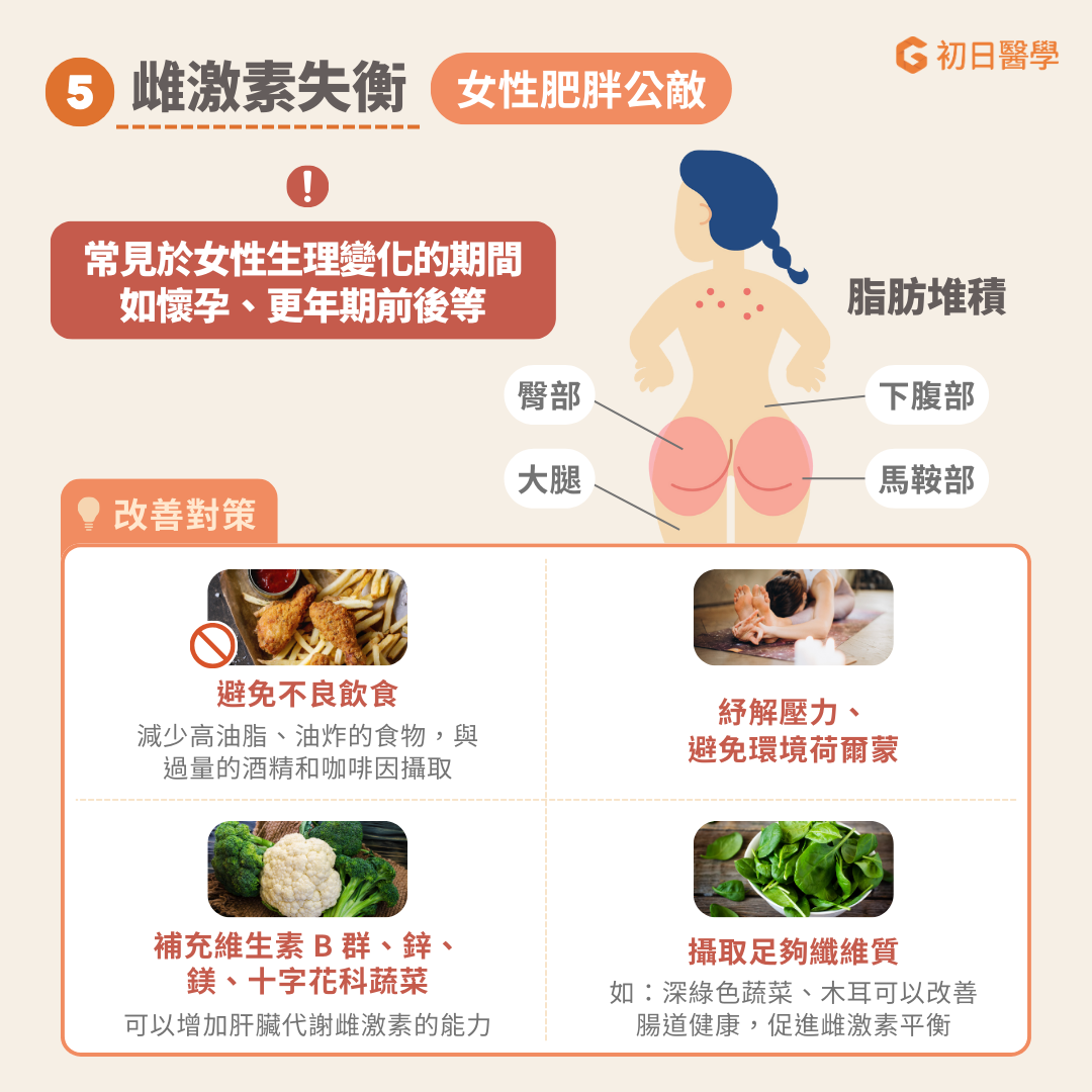 雌激素對女性的健康具有多方面的益處，例如：維持皮膚彈性、骨質健康、肌肉功能以及心血管系統的正常運作。此外，另一種性荷爾蒙—黃體酮，與雌激素協同作用，能穩定情緒並促進良好的睡眠。 通常，這兩種荷爾蒙在體內會保持平衡，但當失衡時，可能會導致脂肪堆積於臀部、大腿、馬鞍袋和下腹部，這種情況特別常見於女性生理變化的期間，如懷孕、更年期前後等 [ref]。 要維持雌激素與黃體酮的平衡，首先應避免高油脂和油炸食品，並減少過量攝取酒精與咖啡因。此外，紓解壓力和避免接觸環境荷爾蒙也是關鍵。飲食方面，補充維生素 B群、鋅與鎂等營養素，以及多攝取十字花科蔬菜（如花椰菜），可以增強肝臟代謝雌激素的能力。同時，確保纖維質的攝取量充足，如：多吃富含非水溶性纖維的深綠色蔬菜、富含水溶性纖維的木耳，都有助於改善腸道健康並促進雌激素平衡 [ref]。