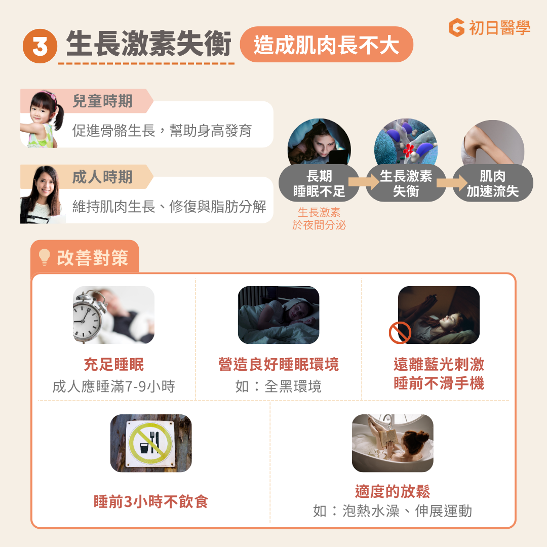 生長激素由腦下垂體分泌，在兒童時期負責促進骨骼生長、幫助身高發育；在成年人中則扮演維持、修復、合成肌肉、以及促進脂肪分解的角色 [ref]。 生長激素的分泌主要發生在夜間睡眠期間，因此睡眠不足會直接減少其分泌量，影響肌肉增長和脂肪分解，進而對體重控制產生負面影響。如果生長激素失衡，例如因為睡眠不足，不僅會降低肌肉合成能力，還會加重肌肉流失的情況。 改善生長激素失衡可從提升睡眠品質入手。成年人除了確保每晚有 7 至 9 小時的睡眠，還應維持良好的睡眠環境，如將房間保持全黑，避免睡前接觸藍光。常見的藍光來源為手機和電腦螢幕。建議睡前3小時避免進食，並可以選擇洗熱水澡放鬆身心。 此外，進行適度的放鬆活動或伸展運動，也有助於提升睡眠品質，進而改善生長激素的分泌與肌肉健康 [ref]。