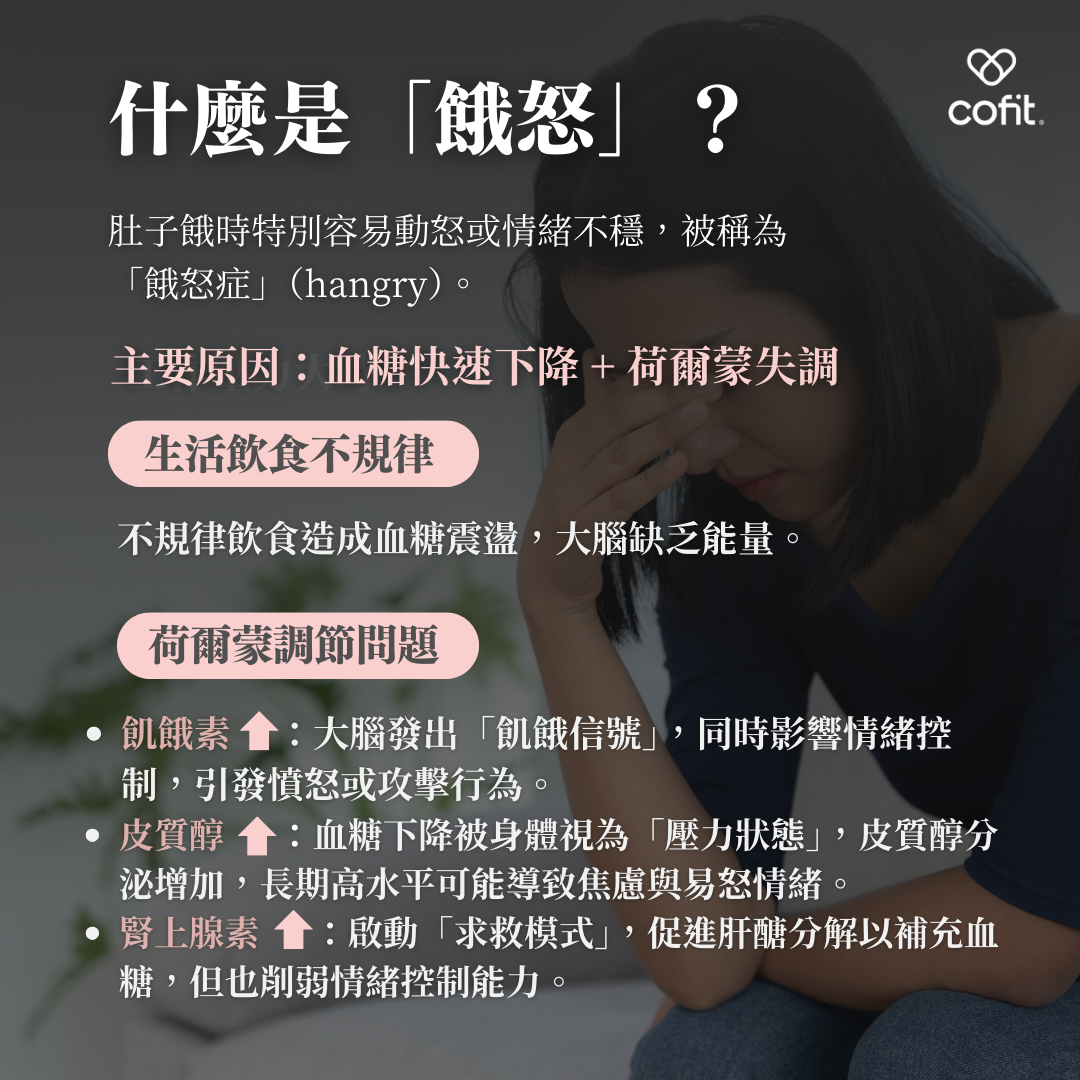 你是否曾經在肚子餓時，特別容易煩躁或情緒失控？ 這種現象被稱為「餓怒症」(hangry)，主要原因來自於血糖快速下降以及荷爾蒙的調節失衡**。當血糖不足時，大腦缺乏能量，情緒控制力便會下降。 飢餓素：發出「飢餓信號」，同時影響情緒，容易引發憤怒或攻擊行為。 皮質醇：把血糖下降視為壓力，導致壓力荷爾蒙增加，長期維持高水平可能引發焦慮與易怒。 腎上腺素：啟動「求救模式」，促進血糖補充，但也削弱情緒穩定性。