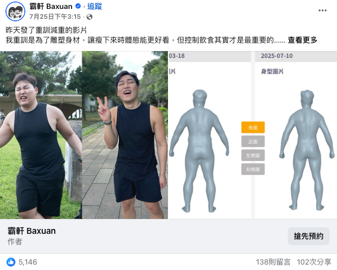 為了減肥霸軒這2年來每週都很努力的重訓，但還是都瘦不下來，每次看到觀眾說有在重訓怎麼還這麼胖的留言，都讓他非常挫折…  進到初日診所後，李唐越醫師與營養師為他量身定制了療程和飲食規劃，幫助他改善慢性發炎導致的身體疲勞感和錯誤的飲食習慣！療程結束後，從最胖時100kg➝70kg，體脂肪率從38%➝15%，可說是模範生等級的減重成績單！