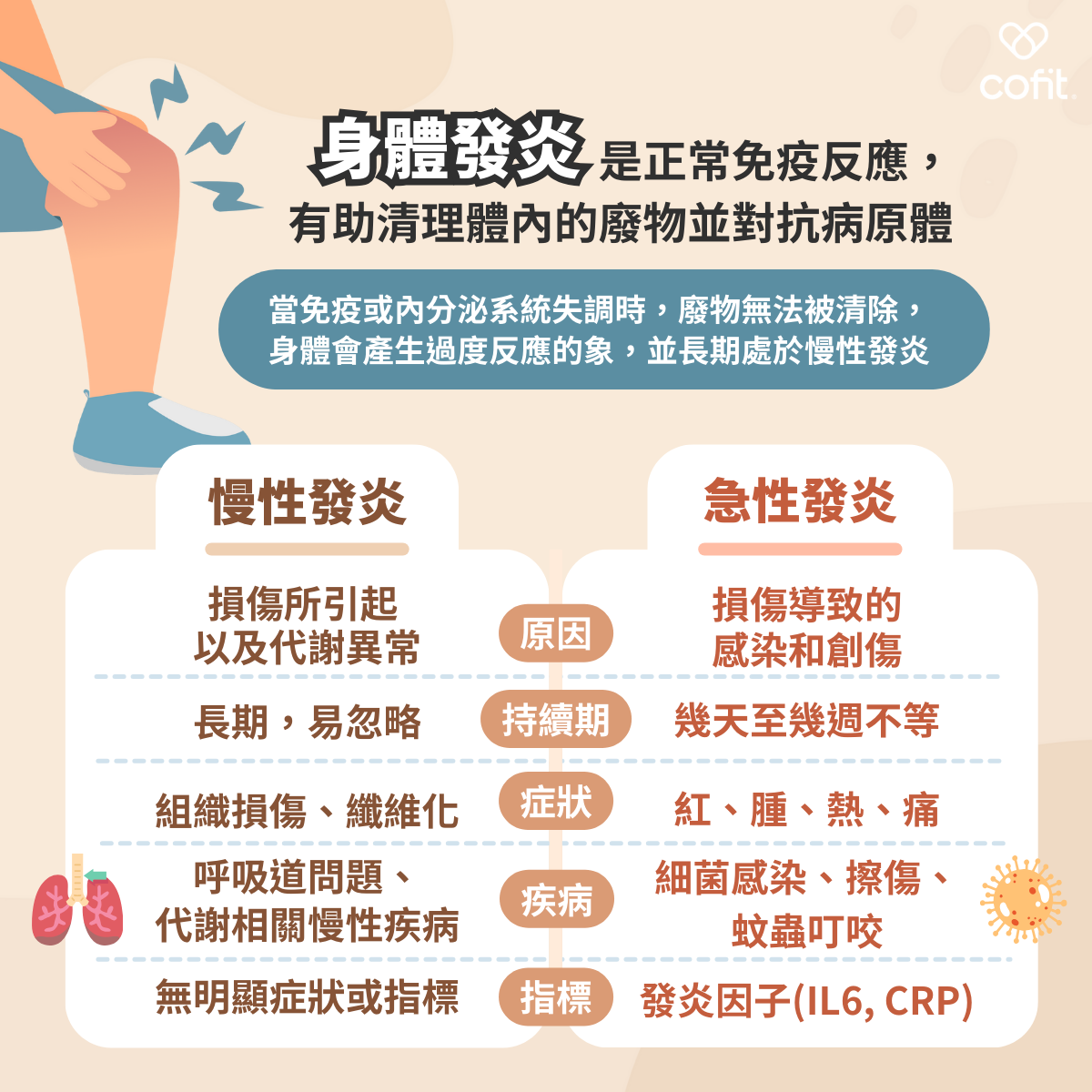 慢性發炎是什麼？和急性發炎有什麼不同？ 你知道發炎也有分「急性」和「慢性」嗎？ 急性發炎是身體短期內對外界傷害（如病毒、細菌、創傷）的自然免疫反應，常見的四大症狀是「紅、熱、腫、痛」。例如：感冒發燒、皮膚傷口紅腫，這些通常會在數天或幾週內自癒。 但當身體長期暴露在低度刺激下，就可能演變成慢性發炎。這時候不會明顯紅腫，卻會悄悄破壞細胞組織，干擾免疫系統，甚至增加肥胖、糖尿病、心血管疾病與癌症的風險。