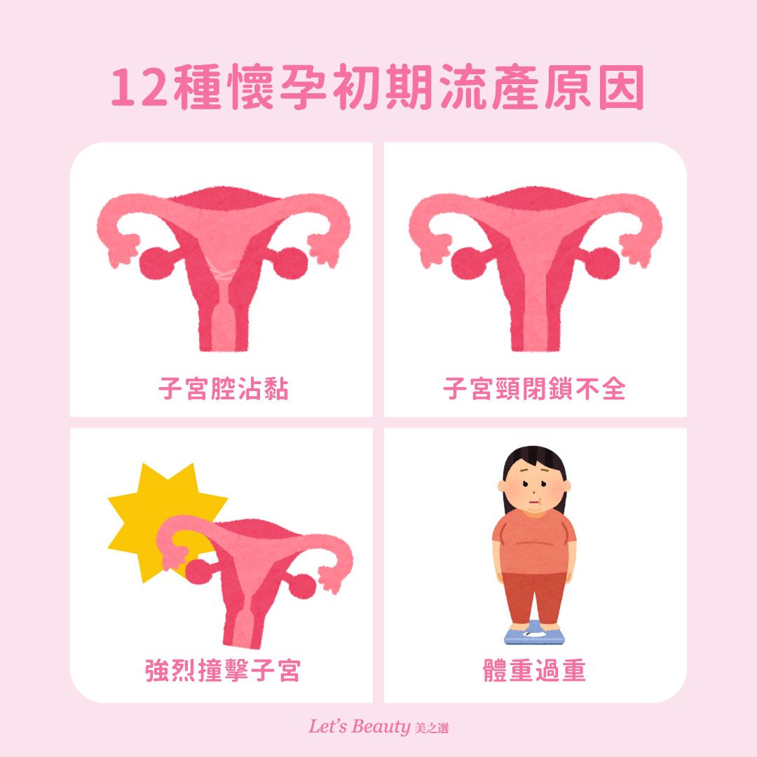 懷孕初期流產(小產)原因：子宮腔沾黏、子宮頸閉鎖不全、強烈撞擊子宮、體重過重