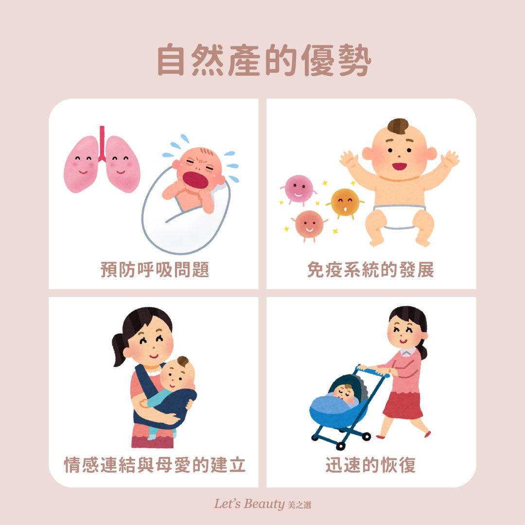 自然產的優勢:預防呼吸問題、免疫系統的發展、情感連結與母愛的建立、迅速的恢復